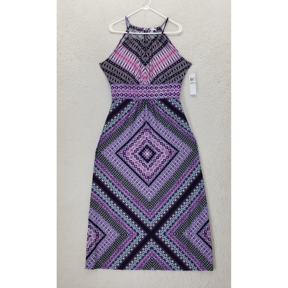 London Style Collection Women Dress 14 Purple Patterned Poly Blend Sleeveless